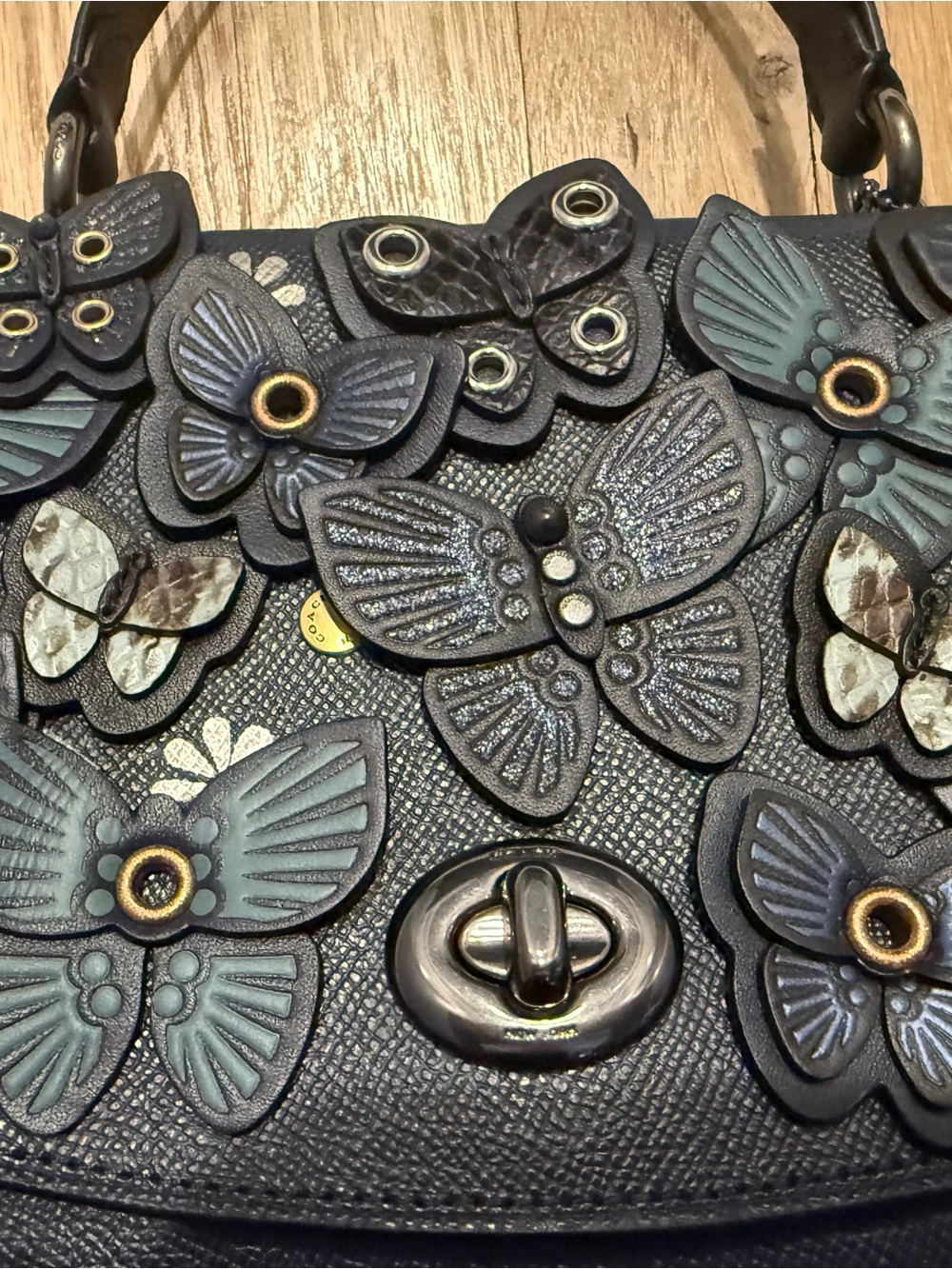 Coach Navy Leather Butterfly Appliqué Top-Handle Crossbody - Picture 5 of 12